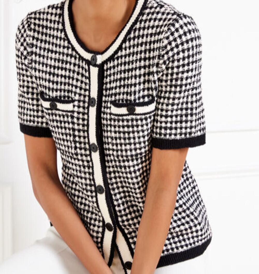 Talbots Short Sleeve Check Jacquard Cotton Blend Sweater sz S